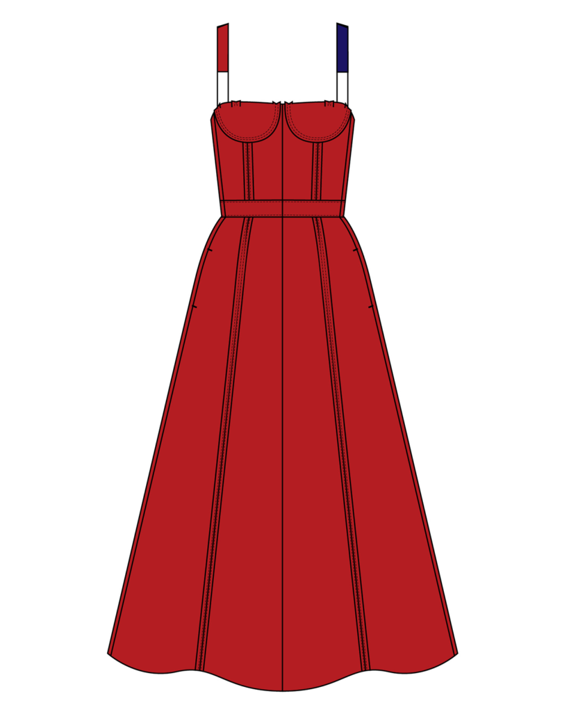 Sketches of a red dress designed for the Tommy Hilfiger project