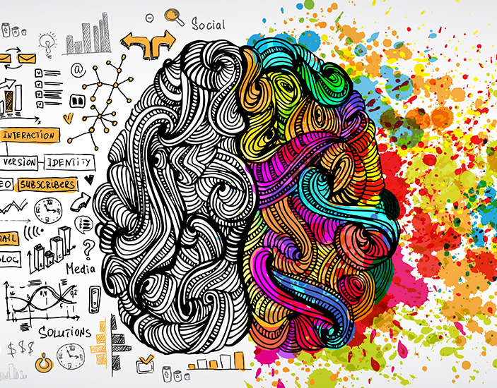 illustration of human brain with social media and marketing doodles, and colorful paint splatterss