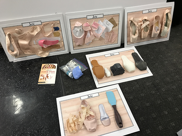 display of different parts of ballet pointe shoes and slippers