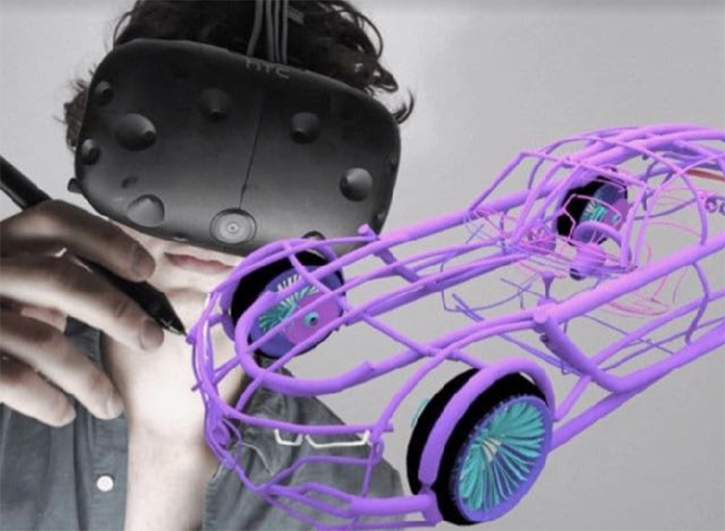 male with vr glasses working on 3d printed car using 3d pen