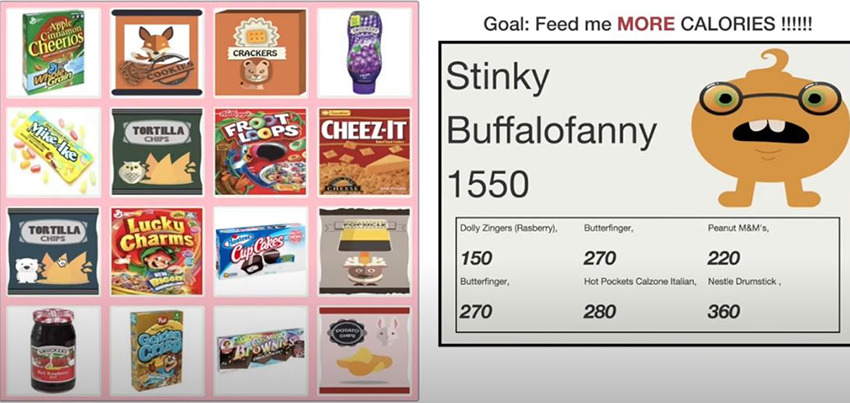 image showing various packaged snacks and monster illustration with calorie counter on mobile app