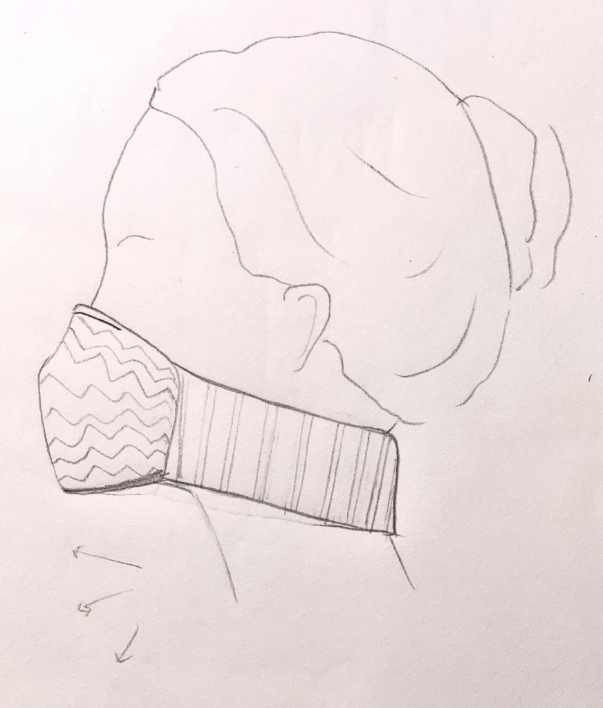 prototype drawing for PPE mask on woman's face