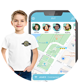 boy wearing B'zT t-shirt and information on how the tracker is connected to a smartphone